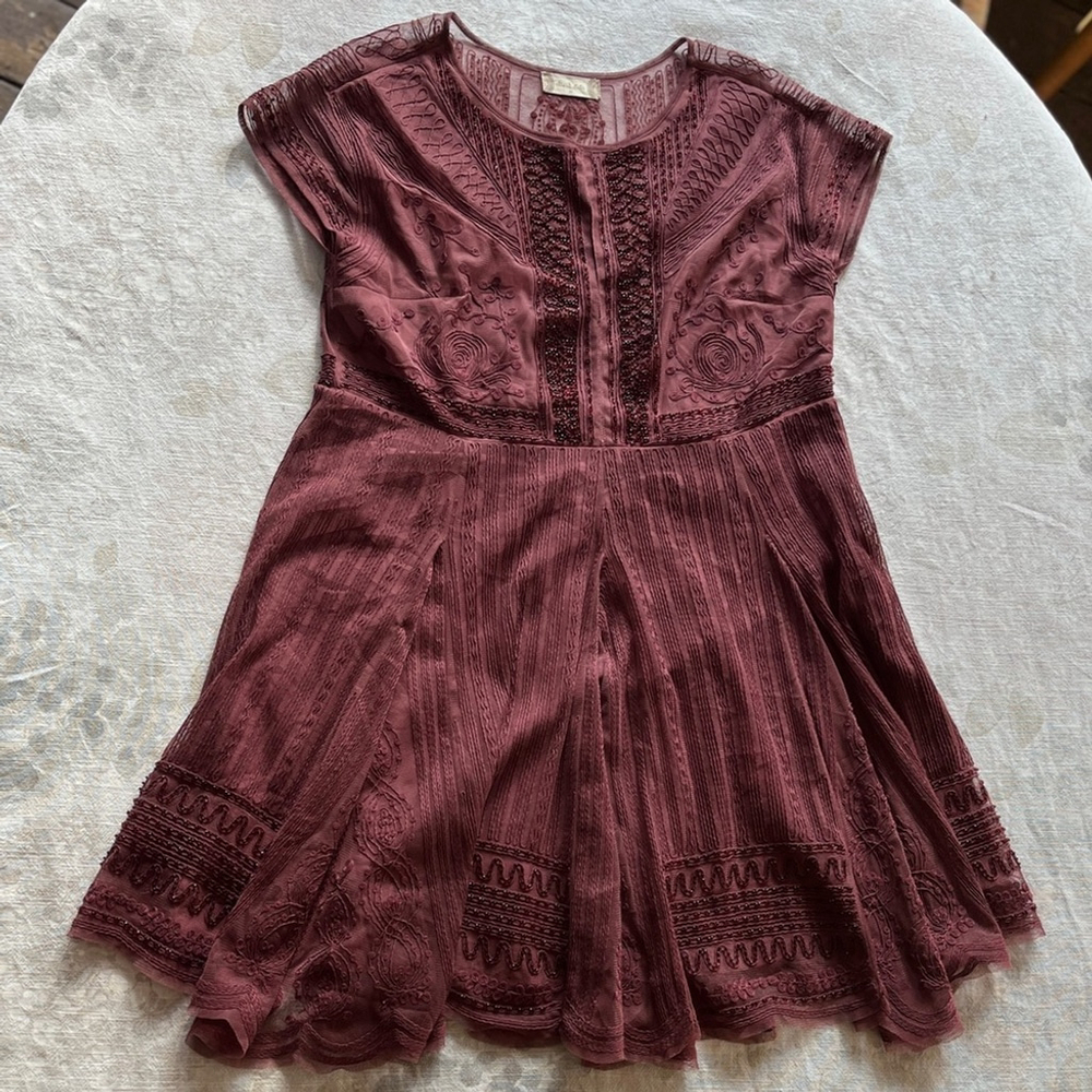Altar'd State Dark Red Burgundy Beaded and Embroidered Flutter Sleeve Dress